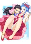  2_girls :q anklet big_breasts black_hair blue_eyes blue_hair blush boots bow bracelet breasts choker cleavage cloud cosplay costume_switch deborah_(cosplay) deborah_(dragon_quest) dragon_quest dragon_quest_v dress earrings flora_(cosplay) flora_(dq5) flora_(dragon_quest) flora_ludman flower gloves green_eyes hair_bow hair_flower hair_ornament half_updo hand_on_another&#039;s_chest hand_on_chest hand_on_shoulder highres jewelry legs lipstick long_hair mahito makeup mole multiple_girls nera_briscoletti nipples one_eye_closed panties pink_bow purple_eyes red_eyes red_rose ribbon rose roses siblings sisters sky smile square_enix surprised_arms tongue tongue_out underwear wink 