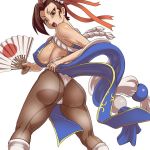 1girl ass bad_id breasts brown_eyes brown_hair capcom china_dress chinese_clothes chun-li cleavage cosplay dress eyeshadow fan fatal_fury folding_fan huge_breasts king_of_fighters legs looking_back makeup open_mouth panties pantyhose pelvic_curtain petaro shiranui_mai shiranui_mai_(cosplay) short_hair sideboob snk solo street_fighter street_fighter_iv the_king_of_fighters ueno_petarou underwear