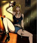 areola areola_slip bare_shoulders belt big_breasts blonde_hair blush boots breasts brown_eyes center_opening cleavage denim denim_shorts fairy_tail female guitar hotpants huge_breasts indoors instrument key large_breasts lucy_heartfilia mashima_hiro nipple_slip nipples no_bra open_mouth photoshop rudo shoes short_shorts shorts sitting smile solo tank_top tanktop tattoo unzipped wristband zipper