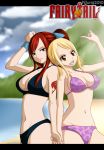 2_girls 2girls areola areola_slip bare_shoulders big_breasts bikini blonde_hair blush breasts brown_eyes center_opening cleavage erza_scarlet fairy_tail fan_colored highres huge_breasts lucy_heartfilia multiple_girls nipple_slip nipples no_bra rudo smile solo swimsuit tattoo unzipped vector_trace wristband yuri zipper