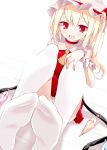   1girl absurd_res ascot blonde_hair blush choker fang feet flandre_scarlet hat high_res oouso_(usotsukiya) open_mouth panties pantyshot pov_feet red_eyes scan short_hair side_ponytail sitting slit_pupils smile solo stockings touhou underwear white_legwear white_panties wings  