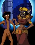  1female 1male aladdin aladdin_(series) anthro black_hair bottomless cat clothed clothing dboy disney feline female flaccid grin hair half-dressed human male mirage_(aladdin) navel penis smile testicles yellow_sclera 