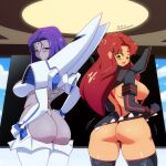  1girl 2_girls ass ass_focus big_ass big_breasts breasts clothed_female comic_book_character cosplay dc_comics female_focus female_only green_eyes high_res junketsu kill_la_kill large_ass long_hair lunaexhabbitix purple_eyes purple_hair raven_(dc) red_hair senketsu short_hair sideboob starfire stockings superheroine teen teen_titans 