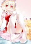 1girl absurd_res blonde_hair blush flandre_scarlet hat high_res kotatsu legs oouso_(usotsukiya) panties pantyshot pillow red_eyes scan short_hair side_ponytail sitting slit_pupils solo sweat table stockings touhou underwear white_legwear white_panties wings