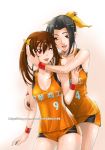  2girls bare_shoulders basketball basketball_uniform black_hair bow breasts brown_hair cleavage clothes_writing ge_xi hair hair_bow hair_ribbon hug hugging multiple_girls one_eye_closed orange_eyes original red_eyes ribbon short_shorts shorts sportswear sweat twin_tails twintails watermark web_address wink wristband xiang-zi_shen_(ge_xi) 