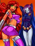 2girls ass bad_id belt breasts cape cartoon_network dc_comics erect_nipples forehead_jewel from_behind green_eyes grey_skin hair impossible_clothes itagayui long_hair midriff multiple_girls orange_skin purple_hair purple_skirt raven_(dc) red_hair short_hair skirt smile starfire stockings tan teen_titans thighhighs warainaku