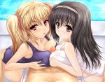 2girls :p ass ass_grab big_breasts black_hair blonde_hair blush breast_press breast_rest breasts censored double_paizuri hair hair_ribbon hairband long_hair multiple_girls one-piece_swimsuit paizuri paizuri_over_clothes penis pink_eyes pool pov purple_eyes red_eyes ribbon school_swimsuit smile swimsuit symmetrical_docking teamwork tongue twin_tails uni8 white_school_swimsuit