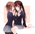 2girls black_eyes brown_eyes brown_hair hair hayatsuki hirasawa_yui k-on! long_hair multiple_girls nakano_azusa pantyhose school_uniform short_hair twin_tails twintails yuri