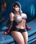 1girl black_hair black_panties breasts cleavage elbow_gloves female female_only final_fantasy final_fantasy_vii fingerless_gloves flowerxl gloves indoors large_breasts long_hair miniskirt navel pantyshot pantyshot_(sitting) red_eyes red_gloves sitting skirt tank_top thick_thighs thighs tifa_lockhart underboob