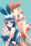  108_gou 2girls animal_ears back-to-back bare_shoulders bianca_(dragon_quest) bianca_whitaker big_breasts blonde_hair blue_eyes blue_hair blush boots bow bowtie braid braided_hair breasts bunny_ears bunnysuit cleavage dragon_quest dragon_quest_v earrings finger_to_mouth flora_(dq5) flora_(dragon_quest) flora_ludman gloves green_eyes hair_over_shoulder jewelry long_hair multiple_girls nera_briscoletti nipples pantyhose ponytail ribbon single_braid smile square_enix video_game_milf wrist_cuffs 