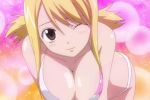 1girl alluring animated bare_shoulders big_breasts bikini blonde_hair blush bouncing_breasts breasts brown_eyes center_opening cleavage fairy_tail female female_only gif huge_breasts lucy_heartfilia no_bra rudo smile solo_female swimsuit wink