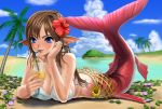  1girl bare_shoulders beach bikini_top blue_eyes brown_hair chin_rest cloud cocktail drinking ear_piercing flower hair_flower hair_ornament halterneck head_fins hibiscus long_hair lying mamedanuki mermaid monster_girl on_stomach original palm_tree piercing sky solo tree wet 