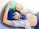 1girl 7-tan blue_eyes blue_hair breast_slip breasts eyebrows eyelashes flat_chest hairband lips madobe_nanami mamedanuki nipples no_bra one_breast_out open_clothes open_shirt os os-tan realistic reclining reference school_uniform shirt short_hair skirt small_breasts solo