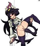 1girl aliasing anal anus black_hair bottomless fat_mons filia filia_(skullgirls) hair hips masturbation no_panties noill pussy red_eyes samson_(skullgirls) simple_background skullgirls stockings thighhighs tongue uncensored white_background wide_hips