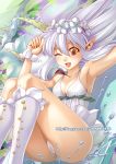  1girl :d armpits blush boots breasts cleavage elf fairy flower ge_xi hair_flower hair_ornament long_hair minigirl one_eye_closed open_mouth orange_eyes original pointy_ears silver_hair smile solo splashing water watermark web_address wink 