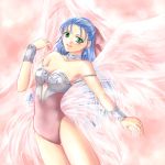 1girl angel_leotard big_breasts blue_hair blush boots bow breasts dragon_quest dragon_quest_v earrings female_only flora flora_(dragon_quest) gloves green_eyes half_updo jewelry leotard lingerie long_hair nipples ribbon smile solo underwear wings