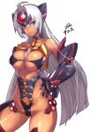  1girl bare_shoulders big_breasts black_gloves blue_eyes breasts bursting_breasts choker cleavage dark_skin elbow_gloves gloves grin hand_on_hip headgear headpiece hijiri long_hair silver_hair smile solo stockings t-elos thighhighs very_long_hair xenosaga xenosaga_episode_iii 