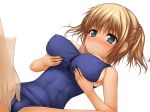  1girl big_breasts bikini_tan blush breast_grab breasts copyright_request crotch_grab erect_nipples grabbing green_eyes large_breasts nipples one-piece_swimsuit paizuri paizuri_over_clothes paizuri_under_clothes penis school_swimsuit solo solo_focus swimsuit tan tan_line tanline uni8 