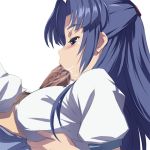  1girl akira02 akira_(coffee_curry) asakura_ryouko big_breasts blue_eyes blue_hair blush breasts censored cum cum_in_mouth dark_penis fellatio large_breasts mosaic_censoring oral paizuri paizuri_over_clothes penis solo_focus suzumiya_haruhi_no_yuuutsu 