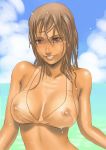 1girl bikini blush breasts brown_eyes brown_hair cloud copyright_request long_hair mamedanuki nipples ocean sea see-through sky smile solo swimsuit tan wet