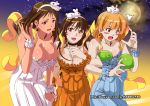  3_girls 3girls big_breasts blonde_hair blush blush_stickers breast_padding breasts brown_eyes brown_hair bunny cleavage crescent_moon dark_skin dress earring earrings female food freckles fruit ge_xi hairband hand_holding highres huge_breasts jewelry locked_arms long_hair melon moon moon_rabbit multiple_girls open_mouth orange_eyes original ribbon short_hair small_breasts smile wardrobe_malfunction watermark web_address xiang-zi_shen_(ge_xi) 