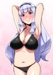 1girl alluring armpits arms_up big_breasts bikini blush breasts cleavage hairband idolmaster large_breasts long_hair looking_at_viewer navel red_eyes shijou_takane silver_hair smile solo sweatdrop swimsuit tkhs voluptuous