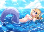 1girl afloat bad_id blonde_hair blue_eyes blush breasts cloud frfr hair head_fins long_hair looking_at_viewer mermaid monster_girl navel nipples nude ocean original original_character skirt smile solo sun water