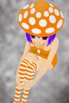  1girl bare_arms dress from_above gdgd_fairies grey_background haruyama haruyama_kazunori korokoro leg_hug mushroom mushroom_girl orange_dress orange_skirt panties pantyshot pantyshot_(sitting) pantyshot_sitting purple_eyes purple_hair short_hair sitting skirt socks solo stockings striped striped_legwear thighhighs underwear zettai_ryouiki 