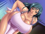 1girl apron bent_over blue_eyes blue_hair blush breasts cleavage curvy dark_skin dutch_angle erect_nipples game_cg gigantic_breasts green_hair hand_on_hip housewife indoors long_hair looking_at_viewer milf naked_apron night nipple_slip nipples open_mouth pichipichi_garou_r solo tan wide_hips