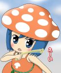  1girl bare_shoulders blue_eyes blue_hair blush chibi dress gdgd_fairies kaenbin korokoro leaf mushroom mushroom_girl open_mouth orange_dress solo 