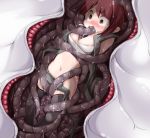 artist_request breasts brown_eyes brown_hair clam cleavage cum cum_in_mouth fellatio frfr inside_creature midriff navel oral sarashi short_hair stockings surprised tentacle tentacle_pit thighhighs vore