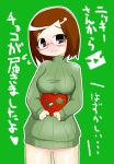 1girl artist_request blush bottomless breasts brown_eyes brown_hair glasses hair_ornament hairclip lim_(petitbeads) nikki_(swapnote) nintendo red-framed_glasses ribbed_sweater short_hair solo standing swapnote sweater translation_request valentine