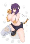 1girl animal_ears bikini_top boots bra breasts cleavage denim denim_shorts female ghost_in_the_shell ghost_in_the_shell_stand_alone_complex highres huge_breasts kusanagi_motoko libre paws purple_hair red_eyes short_hair shorts simple_background single_thighhigh solo tail thighhighs thighs tiger_ears tiger_tail underwear