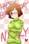 1girl arm_under_breasts big_breasts blush breasts brown_eyes brown_hair checkered glasses green_shirt happy_birthday highres kairakuen_umenoka large_breasts looking_at_viewer nikki_(swapnote) nintendo one_eye_closed red-framed_glasses ribbed_sweater shirt short_hair sleeves_past_wrists solo swapnote sweater turtleneck wink