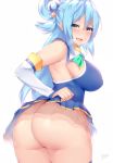 1girl aqua_(konosuba) ass_focus bare_ass bare_shoulders big_breasts blue_eyes blue_hair blue_legwear blue_shirt blue_skirt bow covering_breasts erect_nipples_under_clothes eyebrows_visible_through_hair from_behind hair_between_eyes hair_ornament heart-shaped_pupils high_resolution huge_ass kono_subarashii_sekai_ni_shukufuku_wo! kuavera lifted_by_self long_hair looking_at_viewer looking_back naughty_face no_panties open_mouth presenting_ass see-through shiny_skin sideboob skirt_lift standing symbol-shaped_pupils