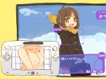  1girl bag breasts brown_hair duplicate fake_screenshot mota nintendo nipples open_mouth original scarf short_hair sketch small_breasts solo wii wii_u wiiu x-ray yellow_eyes 