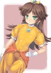 1girl abs androgynous aqua_eyes blush brooch brown_hair clothed_navel covered_navel dress dutch_angle earrings flat_chest gloves green_eyes hand_on_hip jewelry long_hair looking_at_viewer nagase_haruhito navel nintendo princess princess_daisy simple_background skin_tight small_breasts solo super_mario_bros. super_mario_land teal_eyes tiara tight toned two-tone_background white_border white_gloves yellow_dress