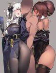  1boy 2_girls 92m big_breasts black_kimono blanc_(nikke) blush bodystocking breasts brown_hair clothed_female_nude_male commander_(nikke) dark-skinned_female dark_skin faceless faceless_male ffm_threesome frills goddess_of_victory:_nikke hair_ornament hairpin hanetsuki high_res highleg holding holding_racket interracial japanese_clothes kimono light-skinned_female multiple_girls nail_polish noir_(nikke) official_alternate_costume racket skindentation stockings sweat threesome white_hair 