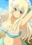  1girl arm_behind_head armpits arms_up beach between_breasts big_breasts bikini bikini_skirt blonde_hair blue_eyes blush breasts cleavage frills green_bikini green_eyes green_swimsuit headdress huge_breasts kamelie large_breasts light_smile long_hair looking_at_viewer maid_headdress navel senran_kagura senran_kagura_(series) smile solo swimsuit yomi_(senran_kagura) 