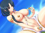 1girl armlet big_breasts black_hair blue_eyes blush breasts choker clitoris cosplay dildo hair_tubes hiro_(hankakudouga) inverted_nipples long_hair magi:_the_labyrinth_of_magic mole nipples paimon paimon_(cosplay) pasties pussy ren_hakuei sitting sky solo vaginal