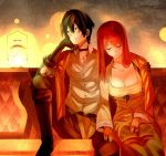 1boy 1girl black_hair book boots breasts cleavage closed_eyes lamp long_hair maou_(maoyuu) maoyuu_maou_yuusha puu_maru red_hair sitting yuusha_(maoyuu)