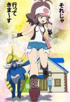  1girl bag baseball_cap bee-j1 blue_eyes breasts brown_hair cameltoe cutoffs denim denim_shorts hat high_res highres house looking_back makoto_daikichi md5_mismatch mother_(pokemon) mother_bw_(pokemon) panties pokemom pokemon pokemon_(game) pokemon_black_and_white pokemon_bw ponytail running samurott shorts sleeves_rolled_up smile stockings thighhighs touko_(pokemon) translated white_(pokemon) 