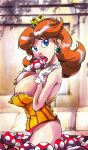 1girl between_breasts big_breasts blue_eyes bottomless breasts corset earrings flower gloves high_res highres jewelry joehentai large_breasts licking mario_(series) mushroom nintendo nipples no_panties open_clothes orange_hair power-up princess princess_daisy sexually_suggestive super_mario_bros. super_mario_land super_mario_world super_mushroom