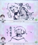 ... 1girl 2012 :> :>= brown_hair closed_eyes dated eating food from_side glasses hair heart kotatsu long_hair lowres makizushi mii_(nintendo) nikki_(swapnote) purple ribbed_sweater sexually_suggestive shigatake short_hair solo sushi swapnote swapnote_(medium) sweat sweater table text translated turtleneck upper_body |_|