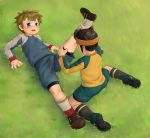  blush bulge cleats endou_mamoru grass headband high_res inazuma_eleven inazuma_eleven_(series) leg_lift legs_held_open on_back outside raglan_sleeves sweat tachimukai_yuuki trembling 