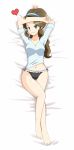  1girl absurd_res barefoot black_panties blue_eyes breasts brown_hair dakimakura hairband heart high_res lace-trimmed_panties light_smile long_hair mother_(pokemon) mother_bw_(pokemon) navel no_pants panties pokemon pokemon_(game) pokemon_bw ponytail solo southerpanda spoken_heart sweater thigh_gap underwear 