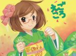 1girl artist_request brown_eyes brown_hair glasses hair_ornament hairpin japanese_clothes kimono long_sleeves looking_at_viewer nikki_(swapnote) obi petals red-framed_glasses sakura_petals sash semi-rimless_glasses short_hair smile solo swapnote translation_request under-rim_glasses upper_body wide_sleeves