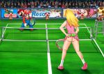  ass bare_shoulders blonde_hair dress earrings female female_human human kneepits male mario nintendo panties princess_peach standing tennis tennis_balls tennis_court tennis_dress tennis_net tennis_racket upskirt wii_sports_resort 