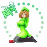  1girl bad_id bark big_breasts black_eyes breast_suppress breasts brown_hair character_name cosplay envelope glasses handheld_game_console hat itsuno_mani_koukannikki kneel kneeling large_breasts lips looking_at_viewer luigi luigi_(cosplay) mario_(series) name_drop nikki_(swapnote) nintendo nintendo_3ds red-framed_glasses short_hair solo super_mario_bros. swapnote white_background wings 