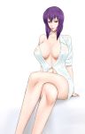 1girl bad_id big_breasts breasts cleavage crossed_legs erect_nipples ghost_in_the_shell ghost_in_the_shell_stand_alone_complex kusanagi_motoko large_breasts legs legs_crossed libre motoko_kusanagi naked_shirt navel purple_hair red_eyes shirt short_hair simple_background sitting solo thighs wet wet_clothes